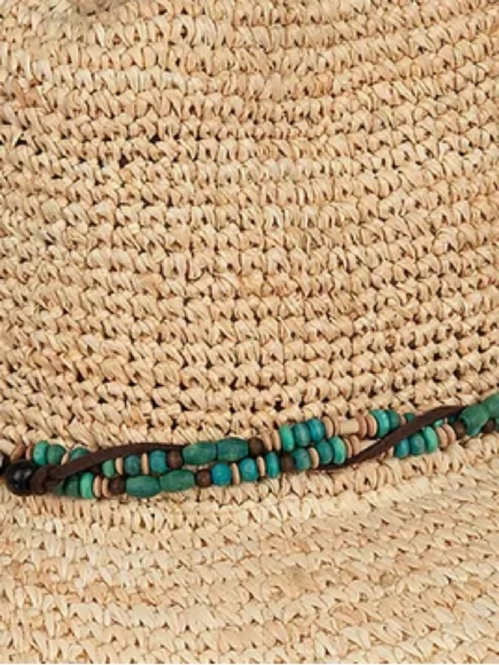 KOORINGAL 100% Raffia Sun Hat w/ Turquoise & Brown Bead 57 CM Bora Bora Safari